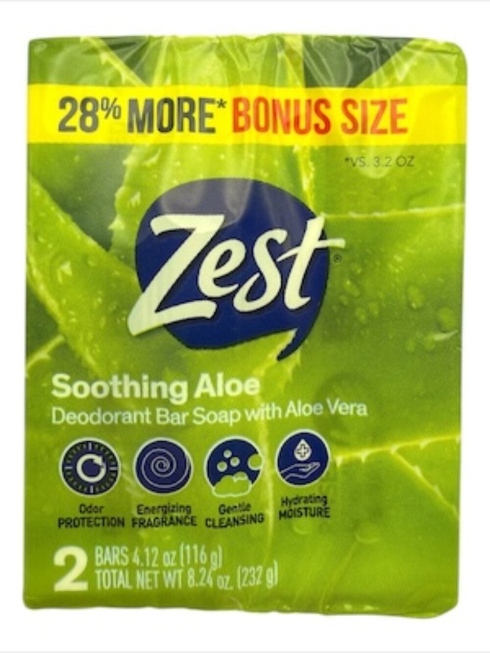 Zest Soothing Aloe Deodorant Bar Soap 2 Bar pack 4.12oz Set of 2